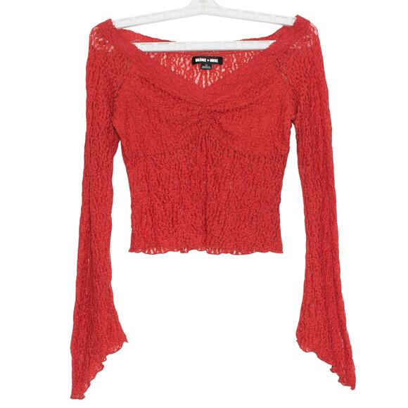 silence + noise Tops - Crop Top Lace Babydoll Y2K Coquette Fairy Grunge Off Shoulder Sheer Red Small